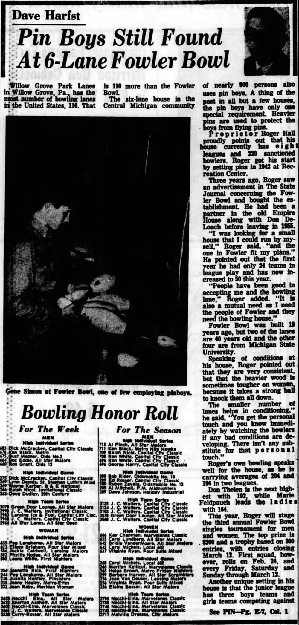 E-Lanes Sports Bar & Bowling (Fowler Bowl) - Jan 1967 Article On Pin Boys